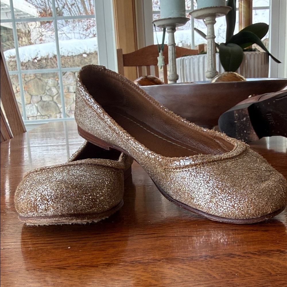 Frye ballet silver & gold leather slip ons